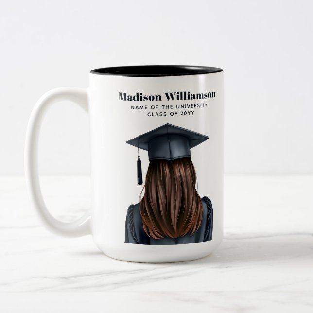Personalized Modern Graduation Female Graduate Two-Tone Coffee Mug (Left)