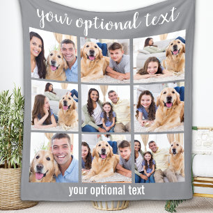 Personalized Modern Gray 9 Photo Collage Fleece Blanket