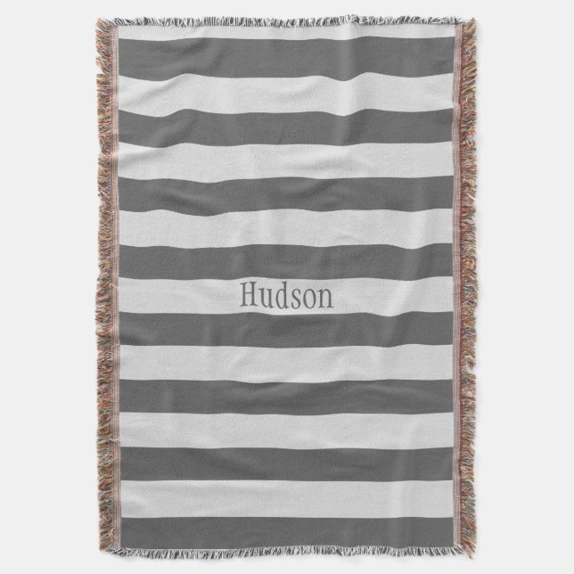 Personalized Modern Gray and White Striped Pattern Throw Blanket (Front Vertical)