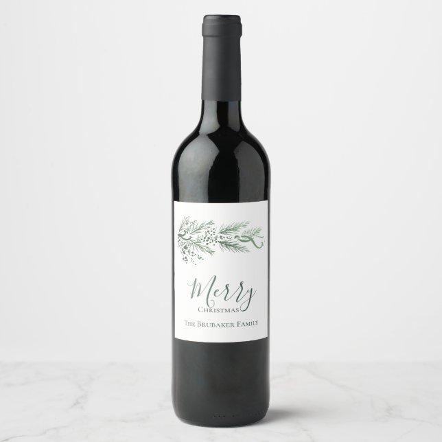 Personalized Modern Green Pine Unique Christmas Wine Label (Front)