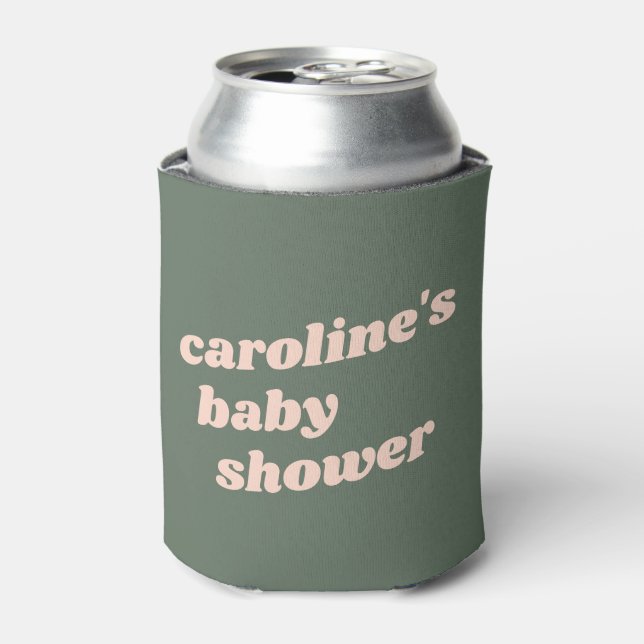 Personalized Modern Green Pink Retro Baby Shower  Can Cooler (Can Front)