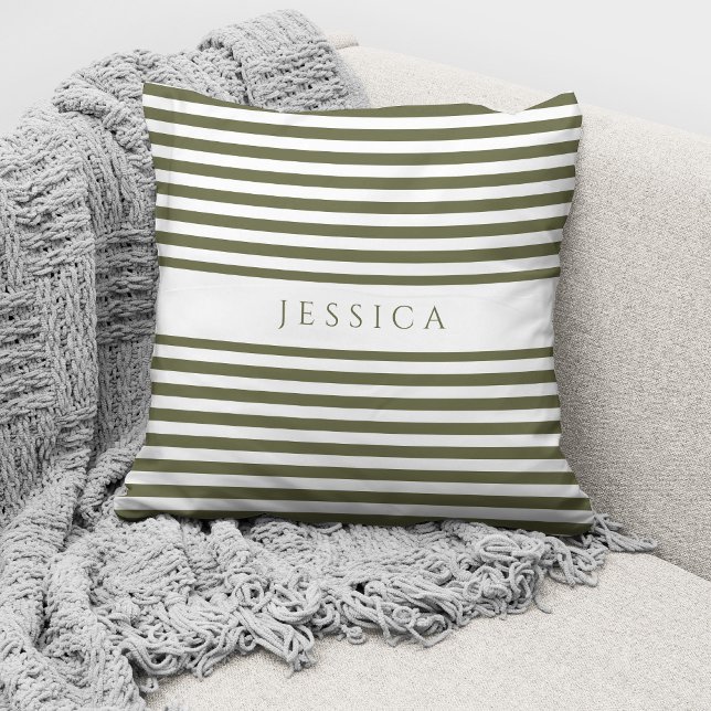 Personalized Modern Green Stripes Pattern Throw Pillow (Creator Uploaded)