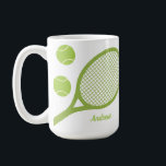 Personalized Modern Green Tennis Ball Racket Coffee Mug<br><div class="desc">Replace with your custom name. Minimalist tennis themed design in green. Green tennis balls and racket design themed gifts for a tennis player. Personalized tennis mug gift for him.</div>