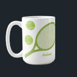 Personalized Modern Green Tennis Ball Racket Coffee Mug<br><div class="desc">Replace with your custom name. Minimalist tennis themed design in green. Green tennis balls and racket design themed gifts for a tennis player. Personalized tennis mug gift for him.</div>