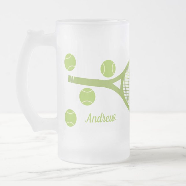 Personalized Modern Green Tennis Ball Racket Frosted Glass Beer Mug (Left)