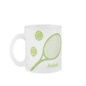 Personalized Modern Green Tennis Ball Racket Frosted Glass Coffee Mug