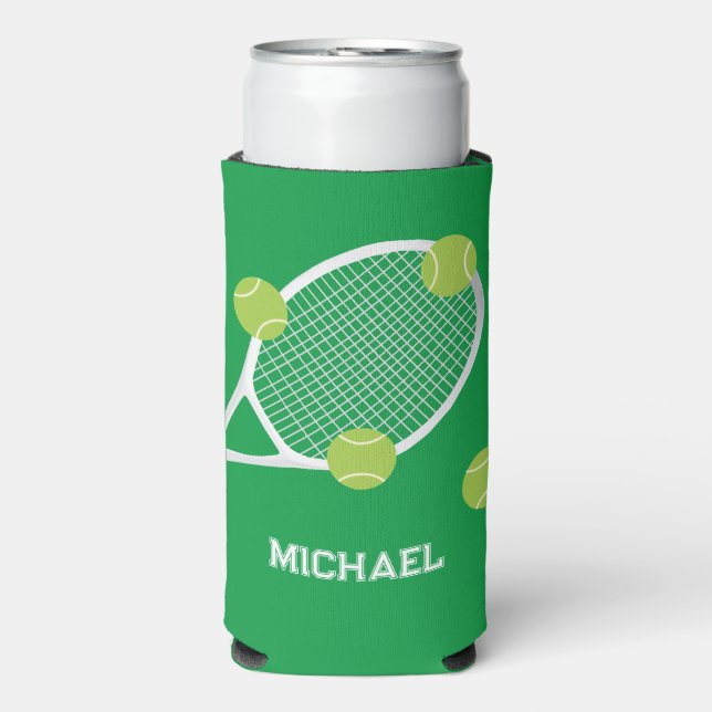 Personalized Modern Green Tennis Racket Ball Seltzer Can Cooler (Seltzer Front)