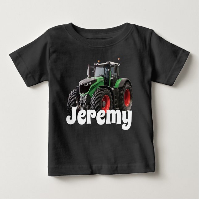 Personalized Modern Green Tractor Baby T-Shirt (Front)