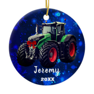 Personalized Modern Green Tractor "Christmas 20XX" Ceramic Ornament