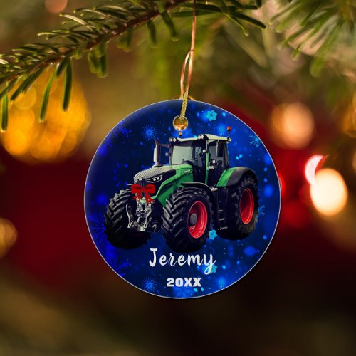 Personalized Modern Green Tractor Christmas 20XX Ceramic Ornament