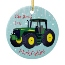 Personalized Modern Green Tractor "Christmas 20XX" Ceramic Ornament