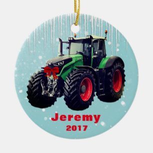 Personalized Modern Green Tractor "Christmas 20XX" Ceramic Ornament