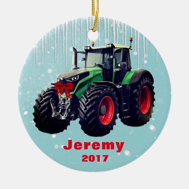 Personalized Modern Green Tractor "Christmas 20XX" Ceramic Ornament (Front)