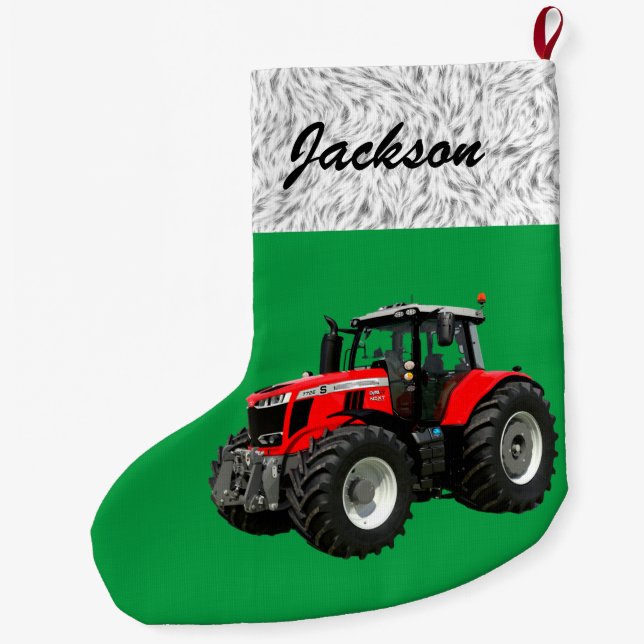 Personalized Modern Green Tractor Large Christmas Stocking (Back)