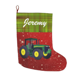 Personalized Modern Green Tractor Large Christmas Stocking