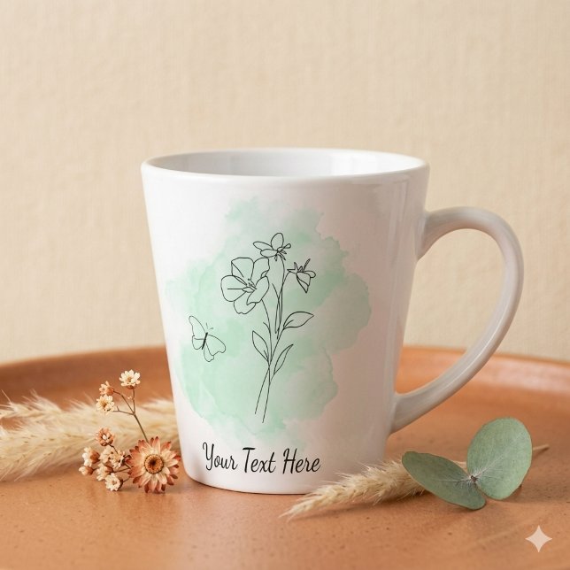 Personalized Modern Green Watercolor Coffee Mug (Modern minimal style coffee mug with green watercolor splash, line art, and a customizable text)