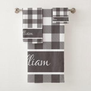 Personalized Modern Grey White Buffalo Checks Bath Towel Set