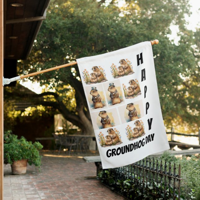 Personalized Modern Groundhog Day 9  Photo Collage House Flag (In SItu)