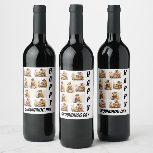 Personalized Modern Groundhog Day 9  Photo Collage Wine Label (Bottles)