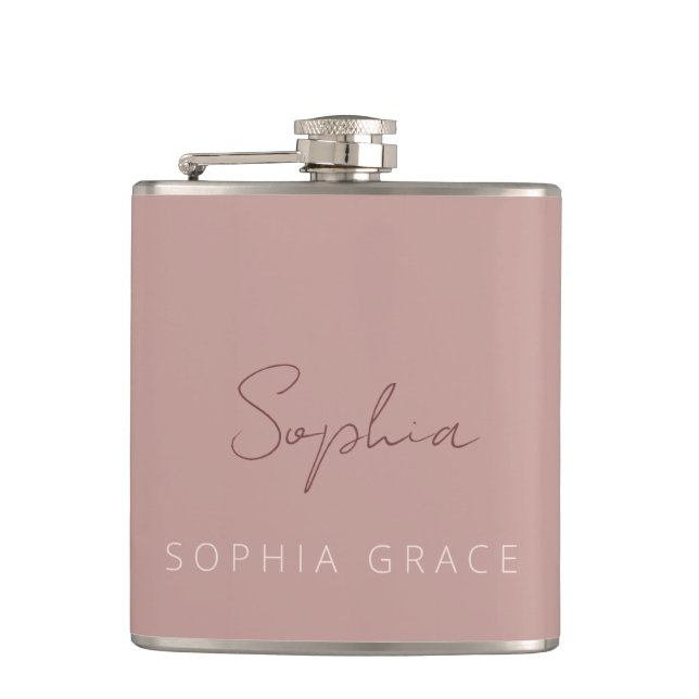 Personalized Modern Handwritten Script Dusty Pink Flask (Front)