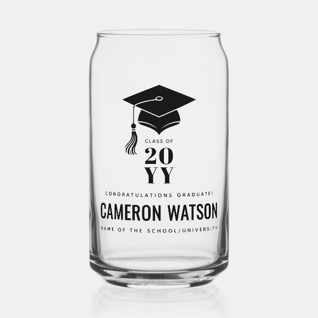 Personalized Modern Hat and Tassel Graduation Can Glass (Front)