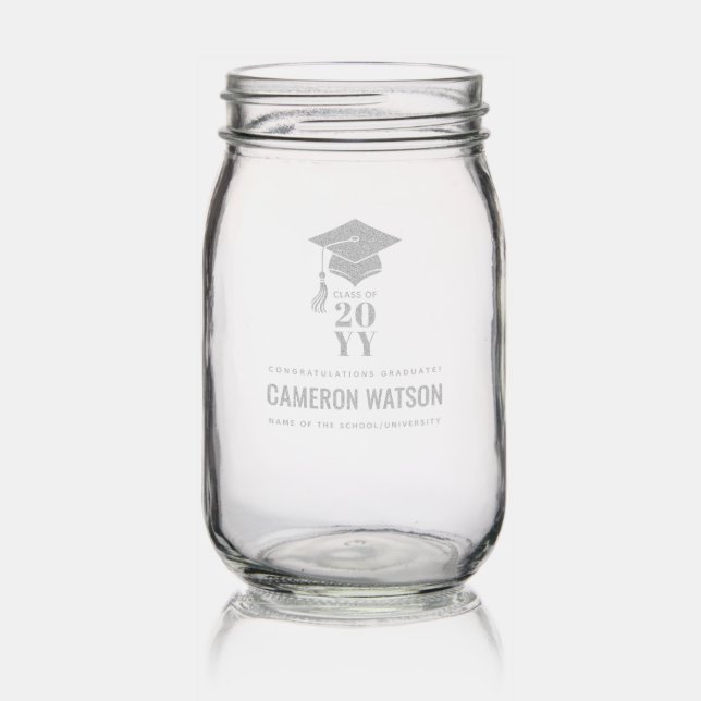 Personalized Modern Hat and Tassel Graduation Mason Jar (Glassware)