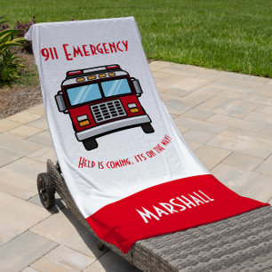 Personalized modern kids firetruck Beach Towel