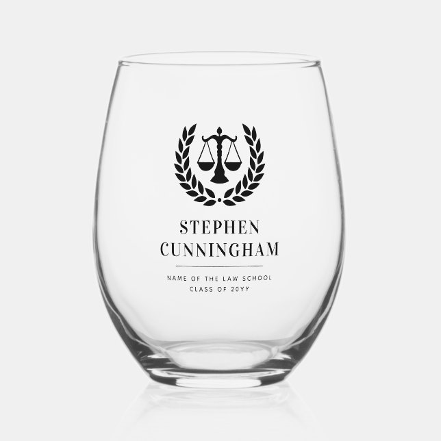 Personalized Modern Law School Graduation Stemless Wine Glass (Front)