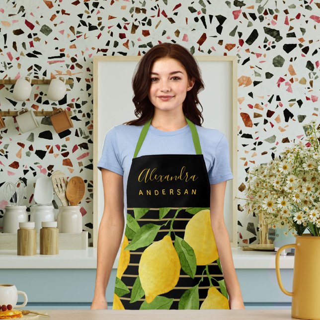 Personalized Modern Lemon Citrus Pattern Apron (Lemon Citrus Watercolour Script Name Stylish Chef Apron)