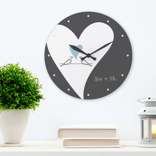Personalized Modern Love Birds Light Blue Heart Large Clock (Creator Uploaded)