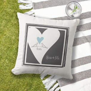 Personalized Modern Love Birds Light Blue Heart Outdoor Pillow