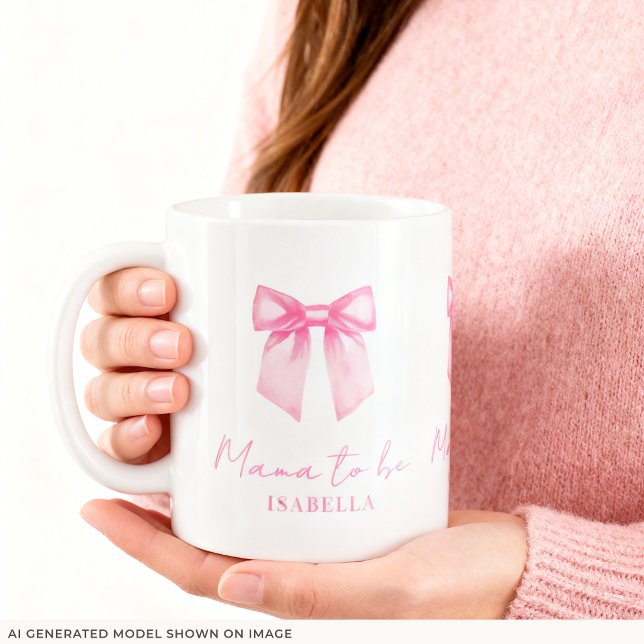 Personalized Modern Mama To Be Pink Bow Mug (An 11-oz mug is shown. Customize it with name and choose mug style and size.)