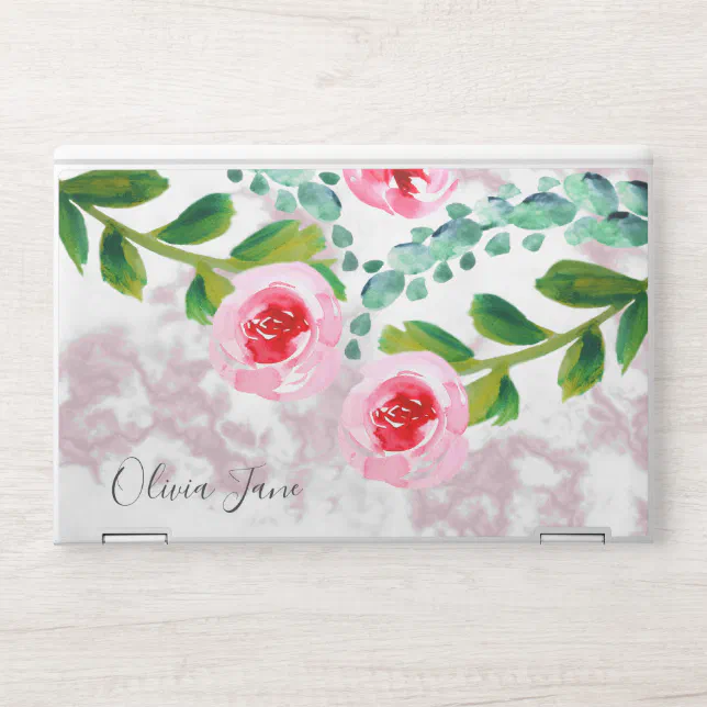 Personalized Modern Marble Watercolor Floral HP Laptop Skin | Zazzle