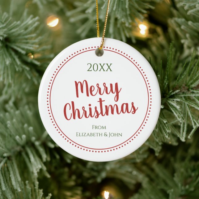 Personalized Modern Merry Christmas Dotted Border Ceramic Ornament (Tree)