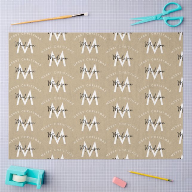 Personalized Modern Merry Christmas Kraft Monogram Tissue Paper (Craft)