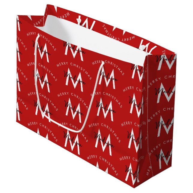Personalized Modern Merry Christmas Red Monogram Large Gift Bag (Front Angled)