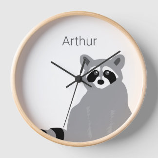 Personalized Modern Minimal Black & White Raccoon Clock