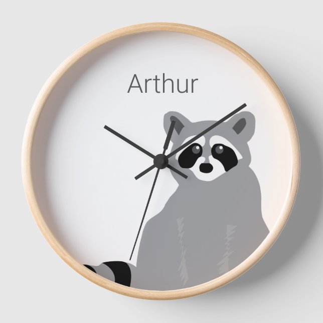 Personalized Modern Minimal Black & White Raccoon Clock (Front)