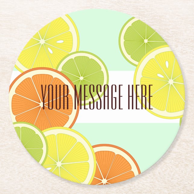 Personalized Modern Mint Green Citrus Fruit Slices Round Paper Coaster (Front)