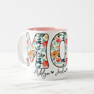 Personalized Modern Mom Floral Kids Names Script  Two-Tone Coffee Mug
