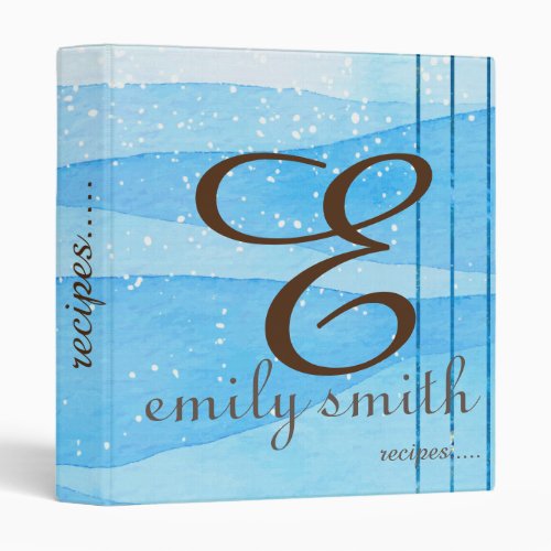 Personalized Modern Monogram Blue Recipes 3 Ring Binder