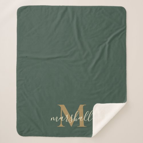 Personalized Modern Monogram Dark Green Color Sherpa Blanket