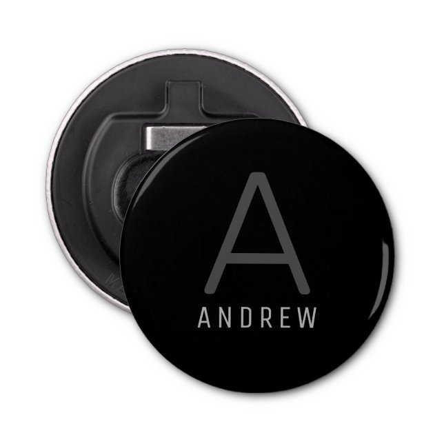 Personalized Modern Monogram Gray Black Magnetic Bottle Opener (Front)