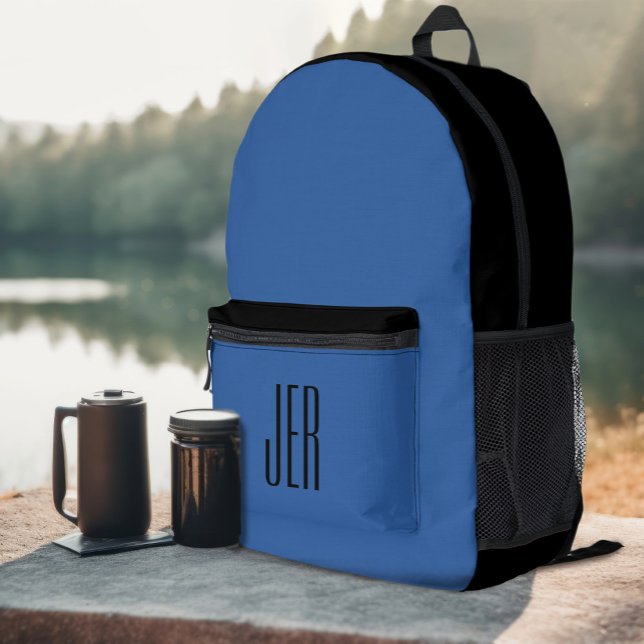 Personalized Modern Monogram Initials Black Blue Printed Backpack (Personalized Modern Monogram Initials Black Blue Printed Backpack)