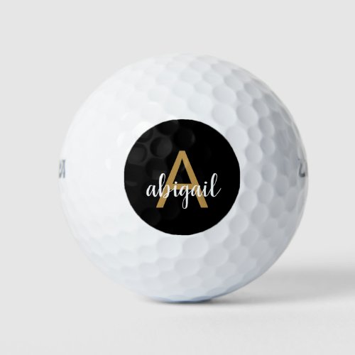 Personalized Modern Monogram Name Girly Gold Black Golf Balls