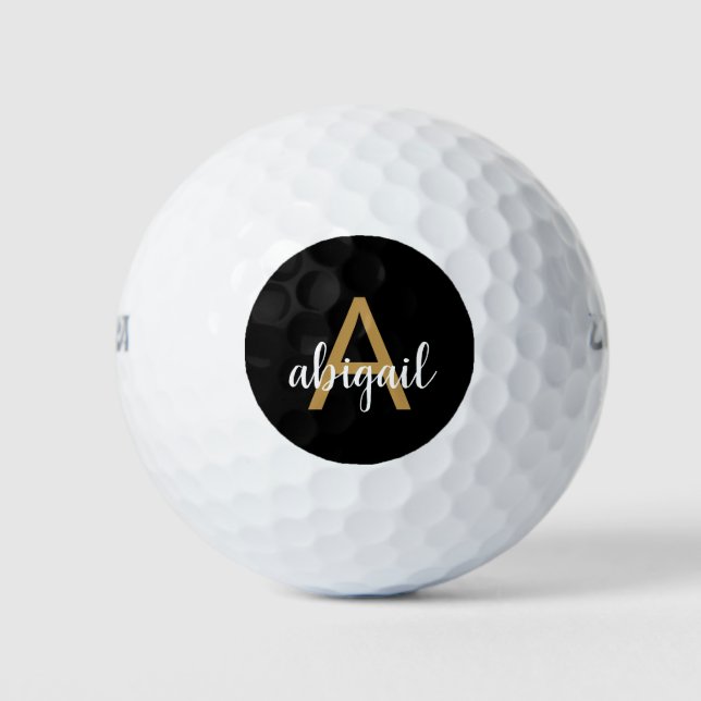 Personalized Modern Monogram Name Girly Gold Black Golf Balls (Front)
