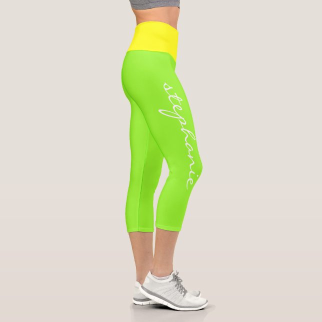 Personalized Modern Monogram Neon Yellow Green Capri Leggings (Right)