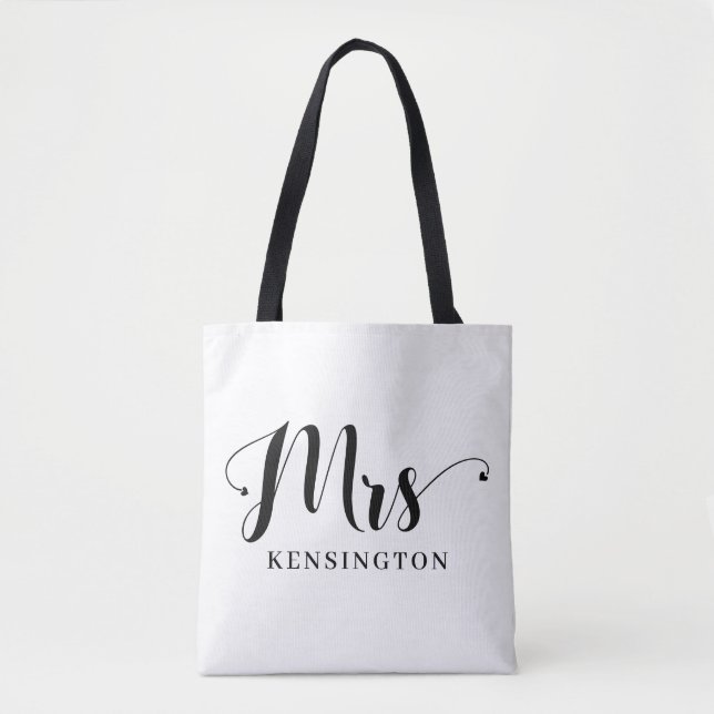 Personalized Modern Mrs Newlywed Typography Tote Bag (Front)
