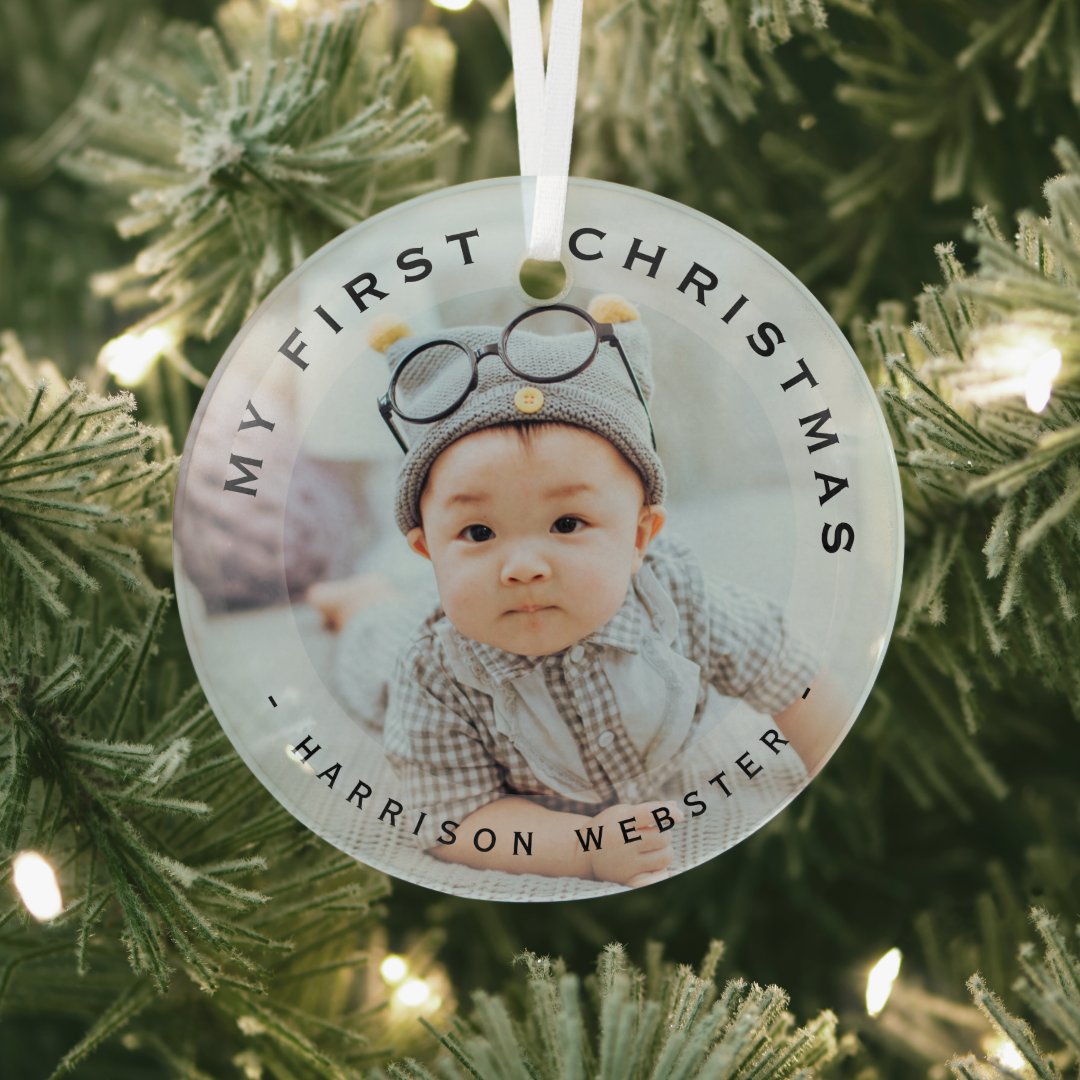 Personalized Modern My First Christmas Photo Glass Glass Ornament | Zazzle