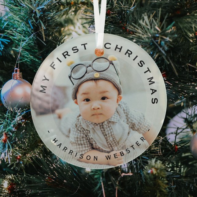Personalized Modern My First Christmas Photo Glass Ornament (Creator Uploaded)